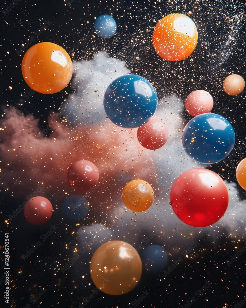 Fototapeta premium Bursting Multicolored Balloons and Powder Sprays in Festive