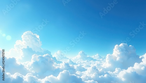 Gentle wispy clouds float across a vast blue expanse with a few distant clouds and a few scattered clouds, gentle wind, serene scene