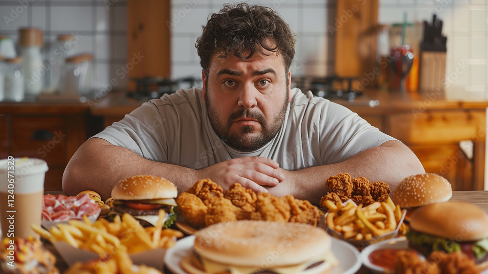 This man looks at various fast food options, considering his choices in a cozy kitchen. This man looks at various fast food options, considering his choices in a cozy kitchen.