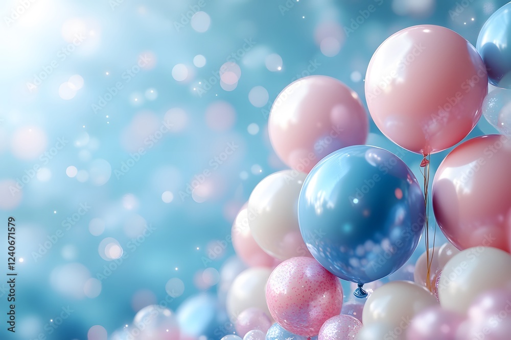 Pastel Party Balloons with Sparkling Bokeh Background - Celebration and Event Design Pastel Party Balloons with Sparkling Bokeh Background - Celebration and Event Design