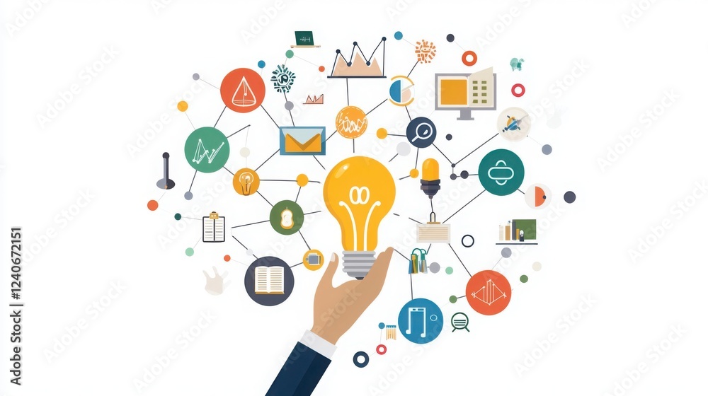 Hand Holding Lightbulb Surrounded by Abstract Icons Representing Ideas and Innovation Hand Holding Lightbulb Surrounded by Abstract Icons Representing Ideas and Innovation