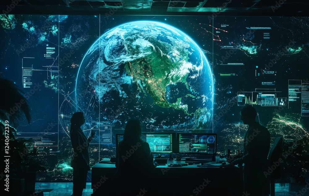 High-Tech Command Center Viewing Advanced Earth Data Visualizations of the Planet High-Tech Command Center Viewing Advanced Earth Data Visualizations of the Planet