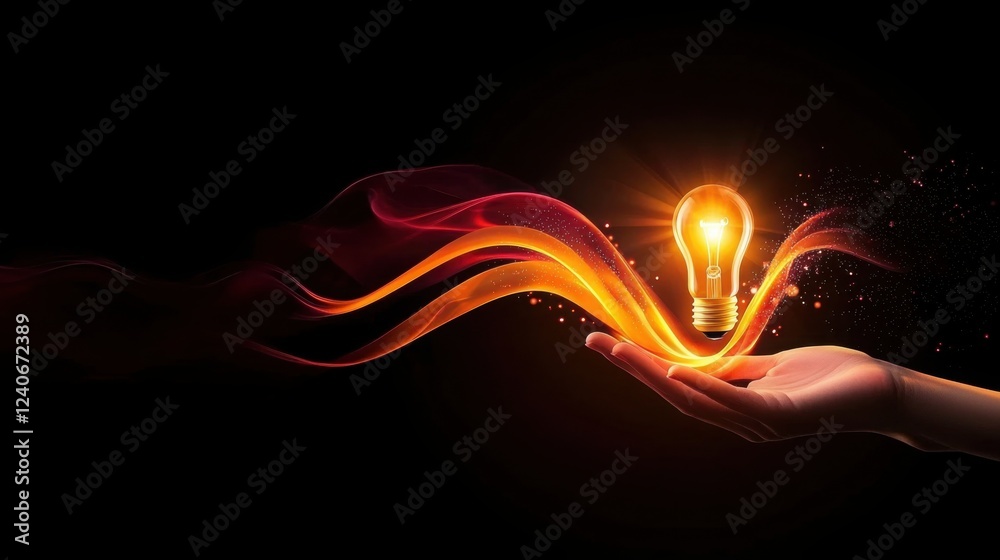 Dynamic Abstract Lightbulb Glowing in Hand with Colorful Light Trails Dynamic Abstract Lightbulb Glowing in Hand with Colorful Light Trails