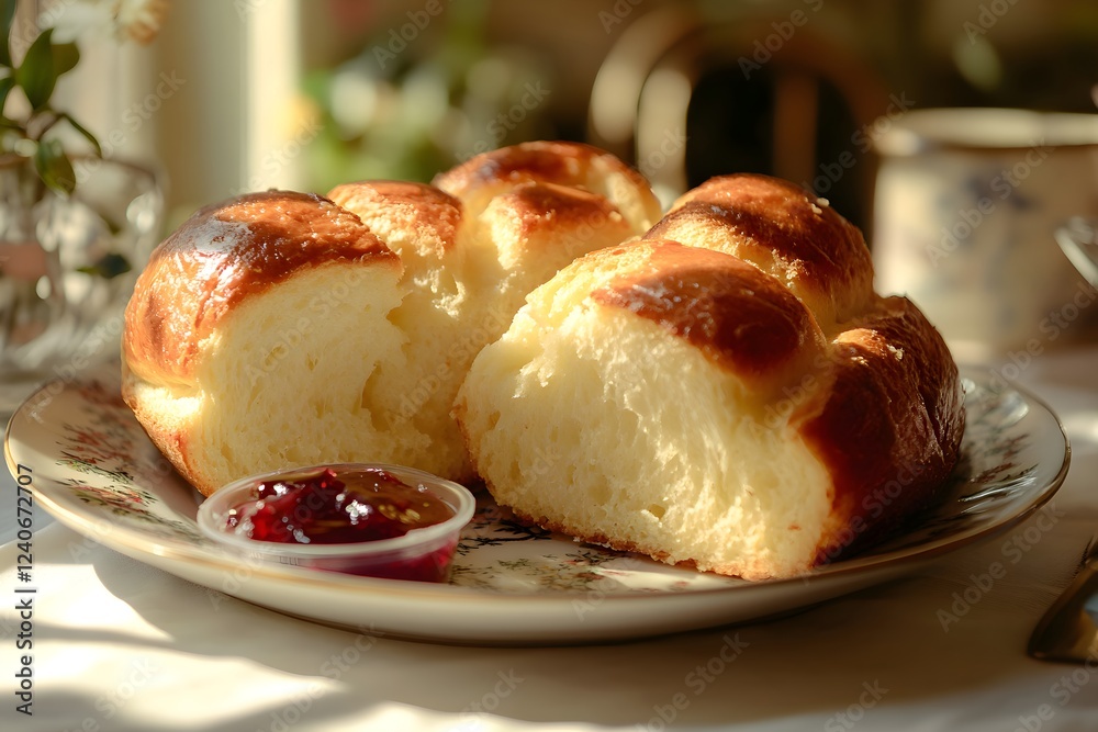 Handmade golden brioche with shiny crust on wooden board, artisanal bakery setting Handmade golden brioche with shiny crust on wooden board, artisanal bakery setting