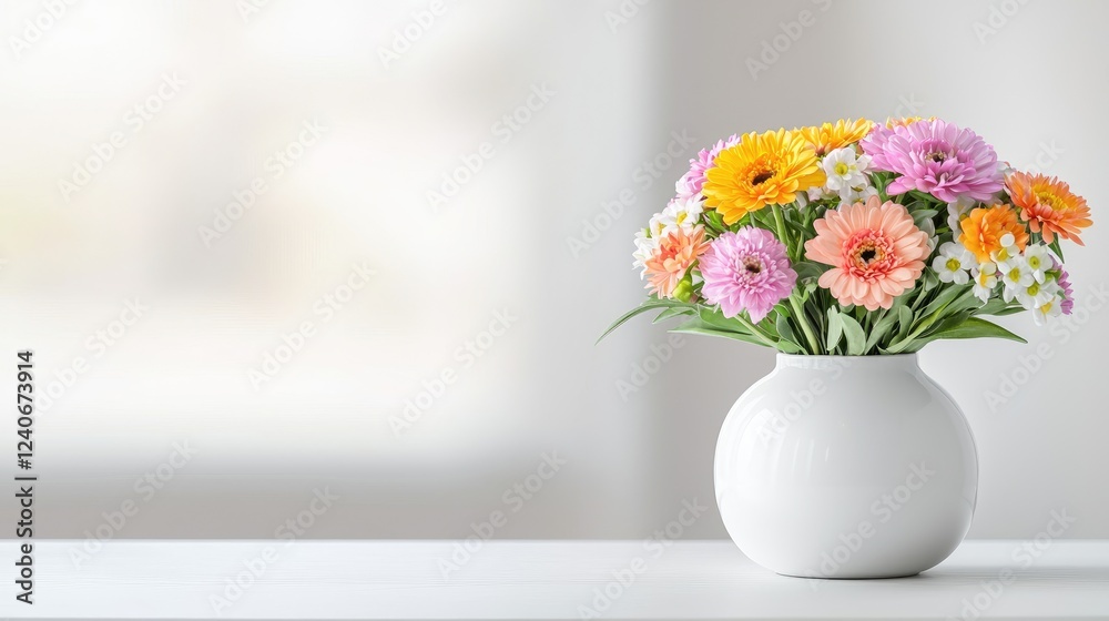 Colorful flower bouquet in vase, bright room Colorful flower bouquet in vase, bright room