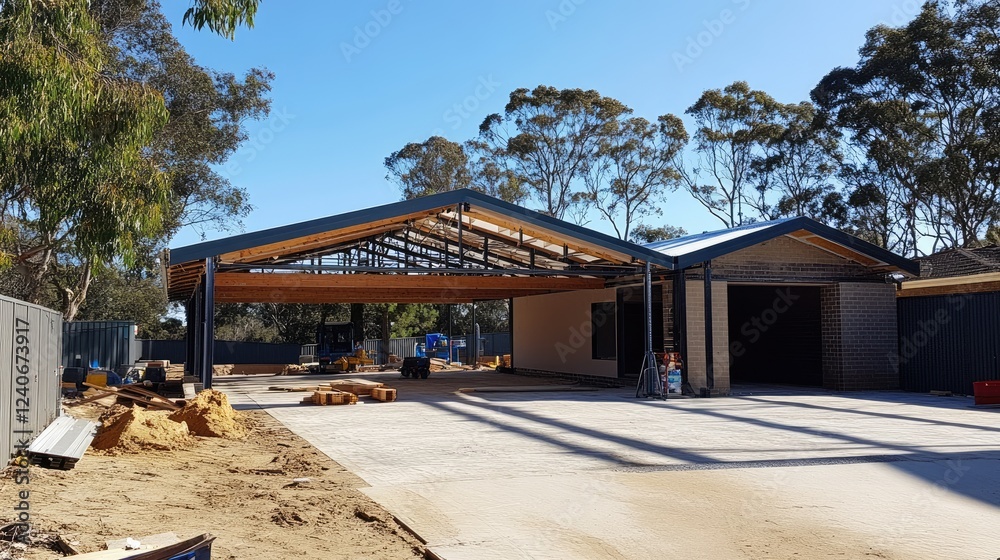 Prefabricated roof trusses being positioned for an extended car park. Prefabricated roof trusses being positioned for an extended car park.