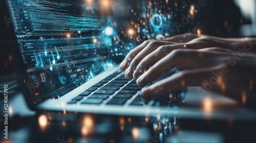 Programmer coding on laptop, digital data flows.