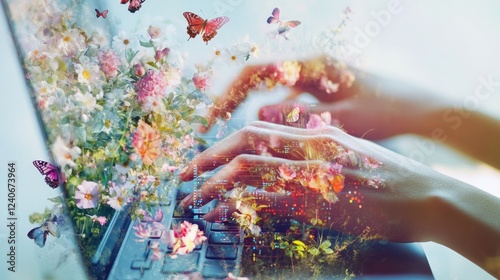 Woman's hands typing on laptop, flowers and butterflies emerging.