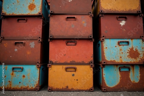Rusty metal boxes stacked outdoors, grunge texture, decay, aged, brown photo