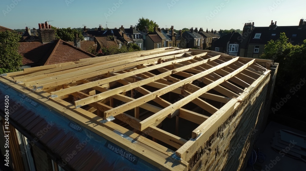Roof extension framework with freshly installed support brackets. Roof extension framework with freshly installed support brackets.