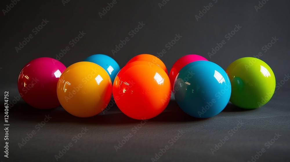 A set of seven colorful balls of different sizes. The balls are red, orange, yellow, green, blue, purple, and pink. A set of seven colorful balls of different sizes. The balls are red, orange, yellow, green, blue, purple, and pink.
