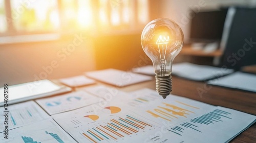 Creative Office Workspace with Light Bulb Over Graphs and Charts for Inspiration