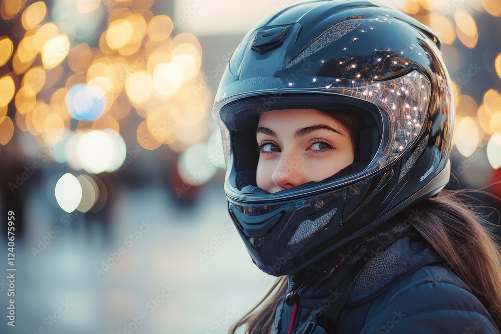 Young rider in a black helmet enjoying a festive atmosphere during twilight in a busy urban setting Young rider in a black helmet enjoying a festive atmosphere during twilight in a busy urban setting