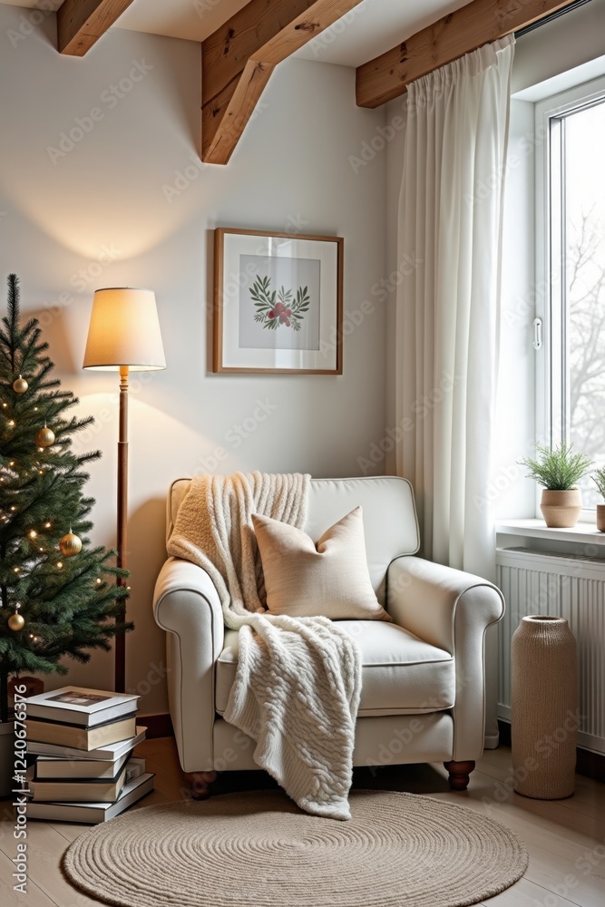 A cozy reading nook adorned for Christmas with a plush armchair, soft blankets, and a small tree beside a stack of books. Scandinavian Interior Style. A cozy reading nook adorned for Christmas with a plush armchair, soft blankets, and a small tree beside a stack of books. Scandinavian Interior Style.