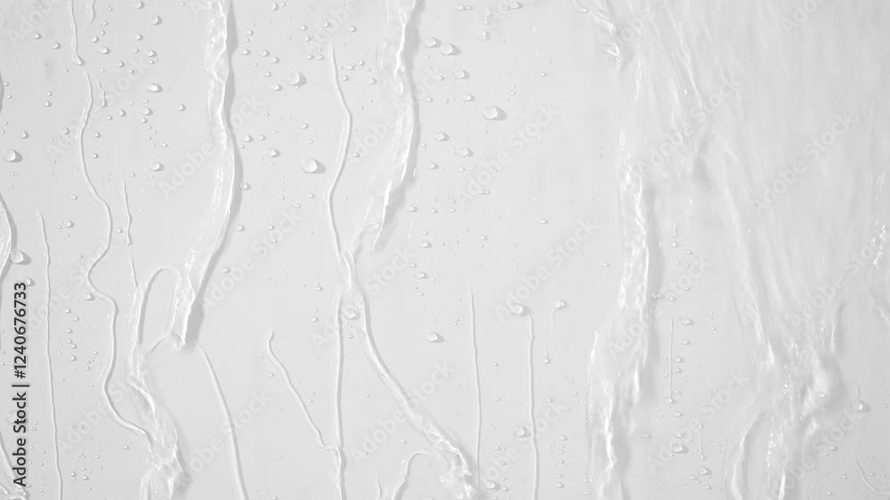 Small streams of clear water flow down the white wall. Water background with water movement, drops and splashes