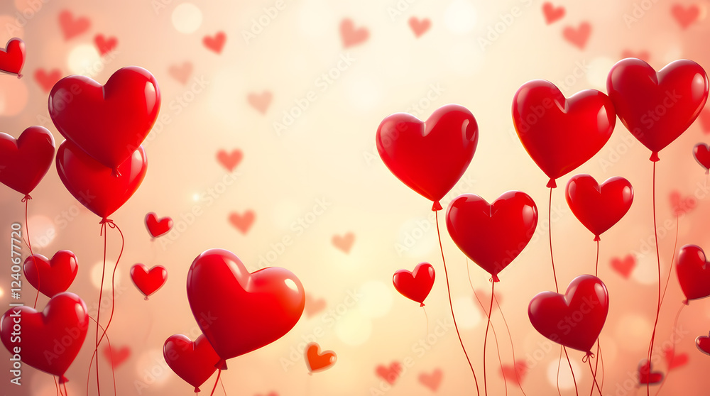 Red Balloons Shaped as Hearts Floating in a Warm Golden Glow. Romantic Valentine's Day Concept Representing Love and Celebration. Red Balloons Shaped as Hearts Floating in a Warm Golden Glow. Romantic Valentine's Day Concept Representing Love and Celebration.