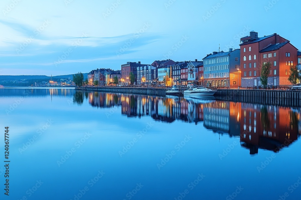 Fototapeta premium Calm evening by the waterfront with colorful buildings reflecting in the water