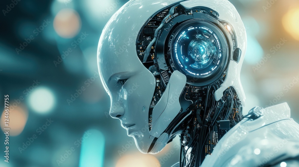 Fototapeta premium Close-up of a female android's head, showcasing intricate internal mechanics and a glowing core.