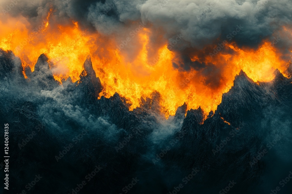 Fiery mountain landscape with flames and smoke billowing during a dramatic natural event at twilight Fiery mountain landscape with flames and smoke billowing during a dramatic natural event at twilight