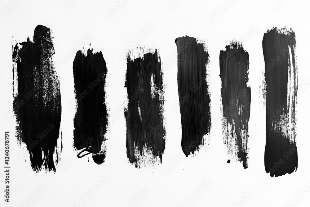 Various strokes of black paint showcased on a clean, white background reflecting artistic techniques and textures in contemporary art Various strokes of black paint showcased on a clean, white background reflecting artistic techniques and textures in contemporary art