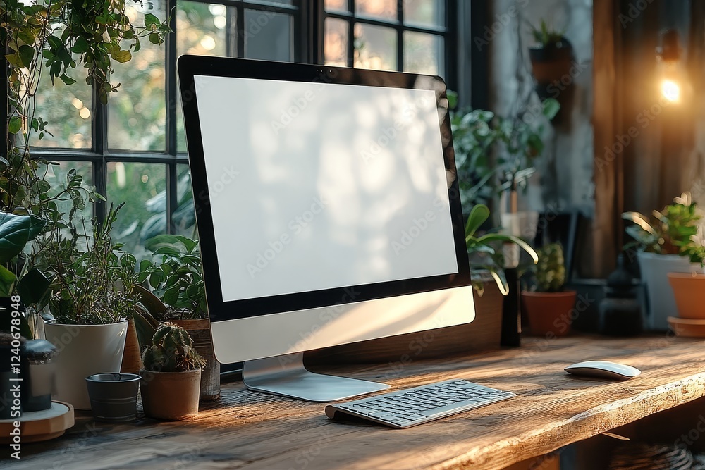 Fototapeta premium Front View of Computer with Blank White Screen on Wooden Desk in Modern Office, Close-Up Mockup Photo