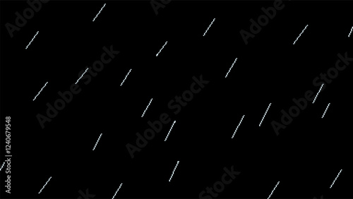 Pixel art rainy night. Raindrops on black background. Water drops 8-bit retro video-game backdrop.
