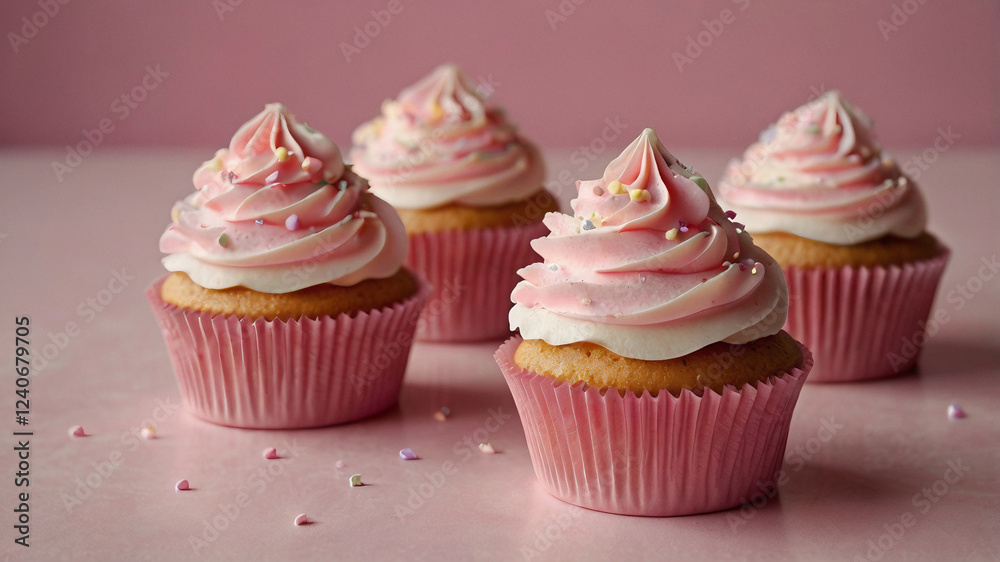 Pink cupcakes with smooth, swirled frosting, placed on a pastel pink surface. Soft, moist texture and delicate ridges in the frosting. A dreamy, elegant composition. Pink cupcakes with smooth, swirled frosting, placed on a pastel pink surface. Soft, moist texture and delicate ridges in the frosting. A dreamy, elegant composition.