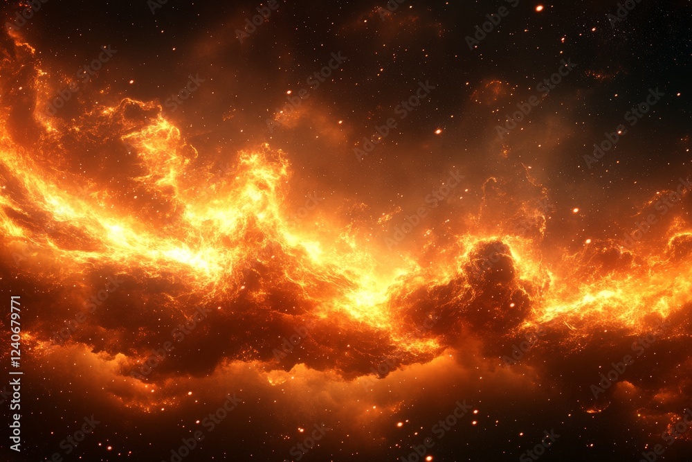 Cosmic explosion with vibrant orange and fiery clouds illuminating the dark expanse of space Cosmic explosion with vibrant orange and fiery clouds illuminating the dark expanse of space