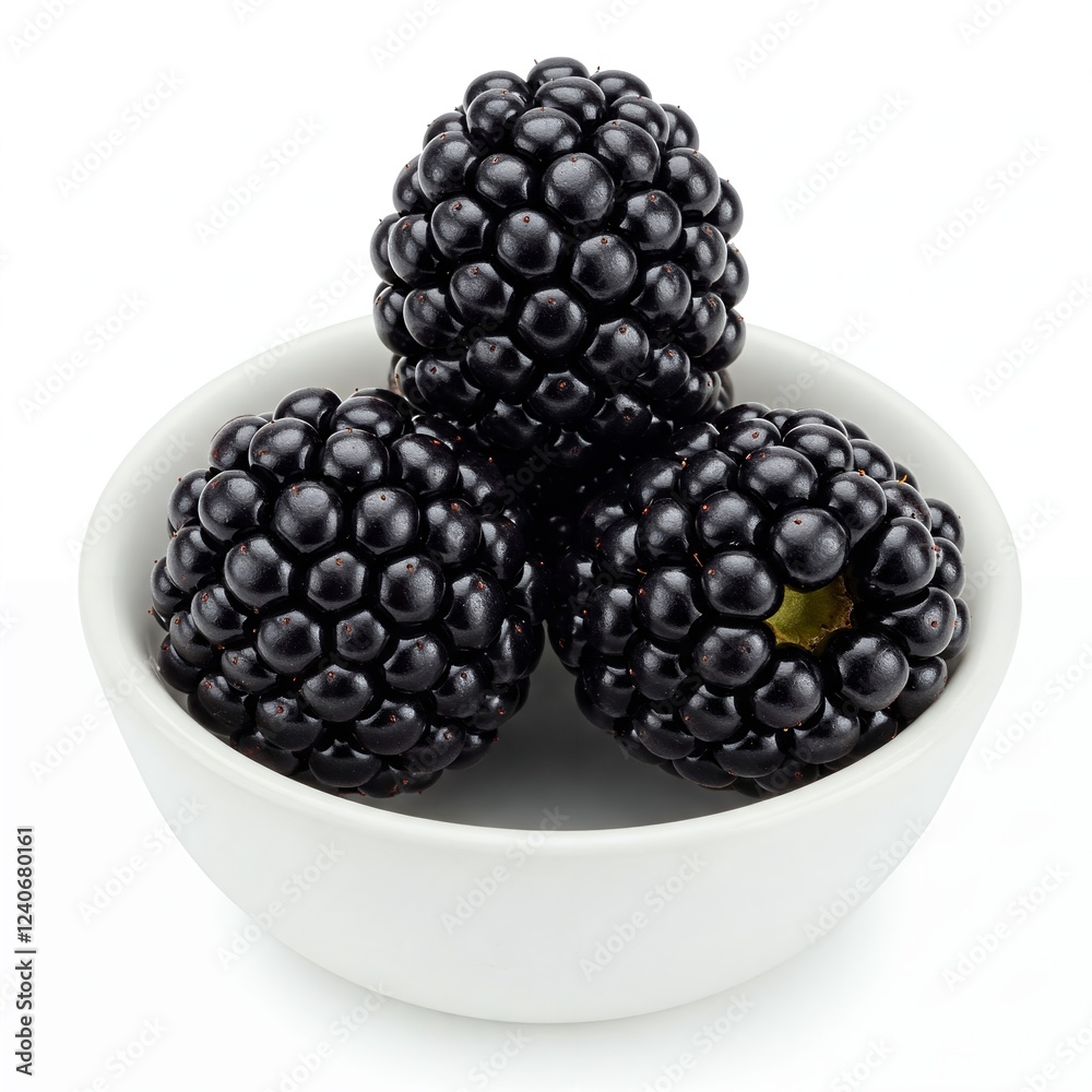 Three blackberries in a small white bowl, isolated on a white background. Three blackberries in a small white bowl, isolated on a white background.