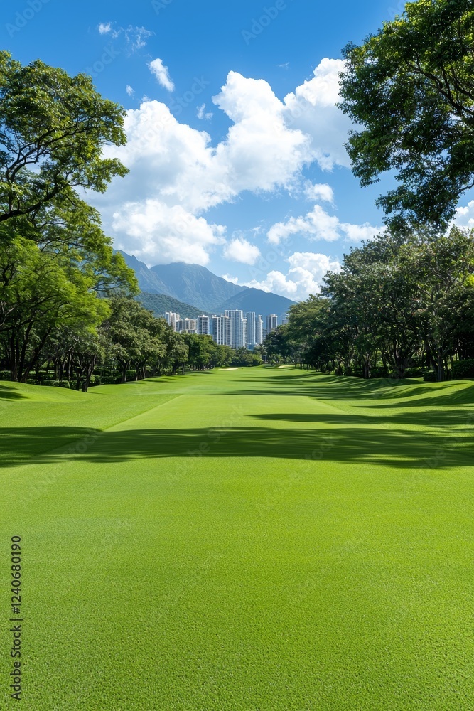Bird’s-eye view of the pristine Vgold golf course, surrounded by clouds, green grass, trees, and the city skyline in Hawaii, United States Bird’s-eye view of the pristine Vgold golf course, surrounded by clouds, green grass, trees, and the city skyline in Hawaii, United States