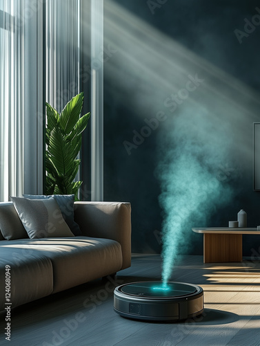 High-Tech Living Room with Robotic Vacuum and Floating Minty Fragrance Waves in Clean Space, Generative AI photo