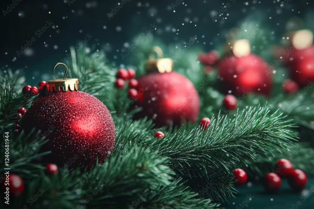 Festive red ornaments and evergreen branches create a cozy holiday atmosphere with falling snow Festive red ornaments and evergreen branches create a cozy holiday atmosphere with falling snow