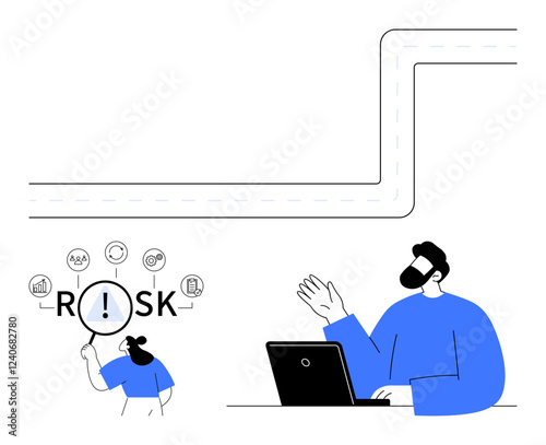 Man at laptop gestures while analyzing risk indicators and strategy goals under a magnifying lens. Ideal for risk management, business strategy, problem-solving, decision-making, data analysis, team