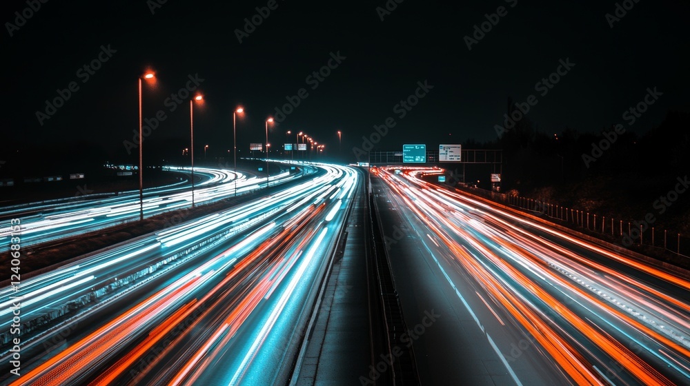Light trails on a high-speed data highway depict quick technology and internet Light trails on a high-speed data highway depict quick technology and internet
