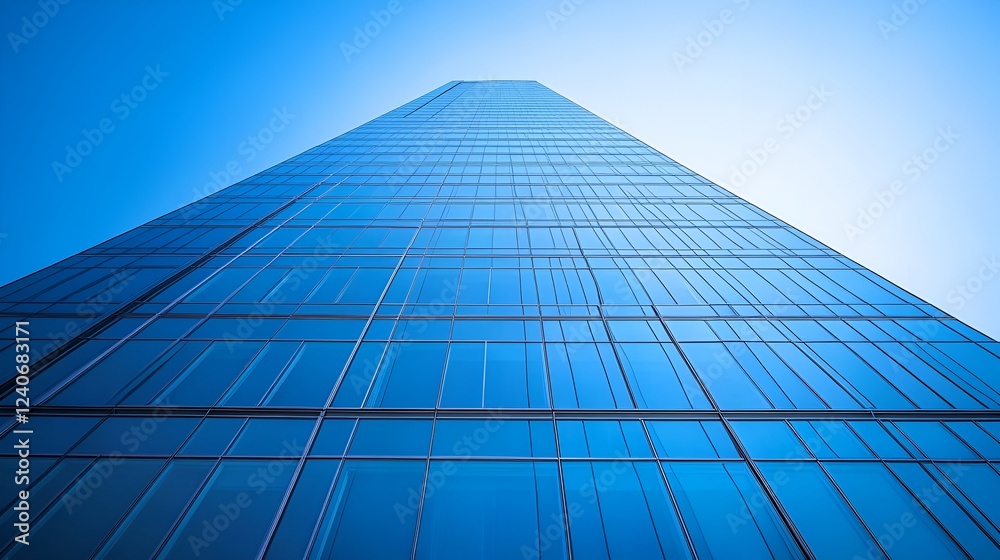 A tall skyscraper with reflective glass panels under a clear blue sky A tall skyscraper with reflective glass panels under a clear blue sky