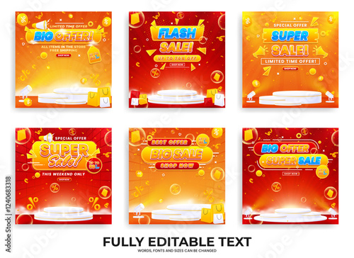 Collection of discount sale promo banner templates. Collection of flash sale, big sale, super sale, and mega sale promo discounts with podium, spotlights, and realistic abstract backgrounds.