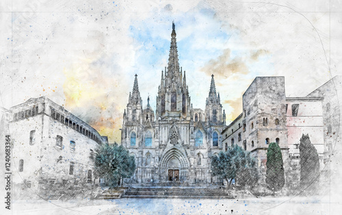The Catedral de Barcelona view in Barcelona City of Spain