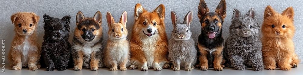 Obraz premium Collage featuring adorable pets such as a dog, cat, rabbit, and bird set against a pristine white background