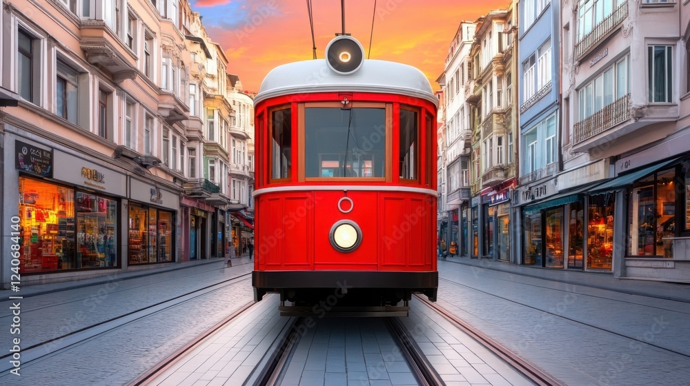 Fototapeta premium The famous red Istanbul tram moving through the historic streets at sunset.