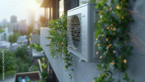 An innovative, energyefficient air conditioning unit is surrounded by lush plants in a vibrant urban cityscape photo