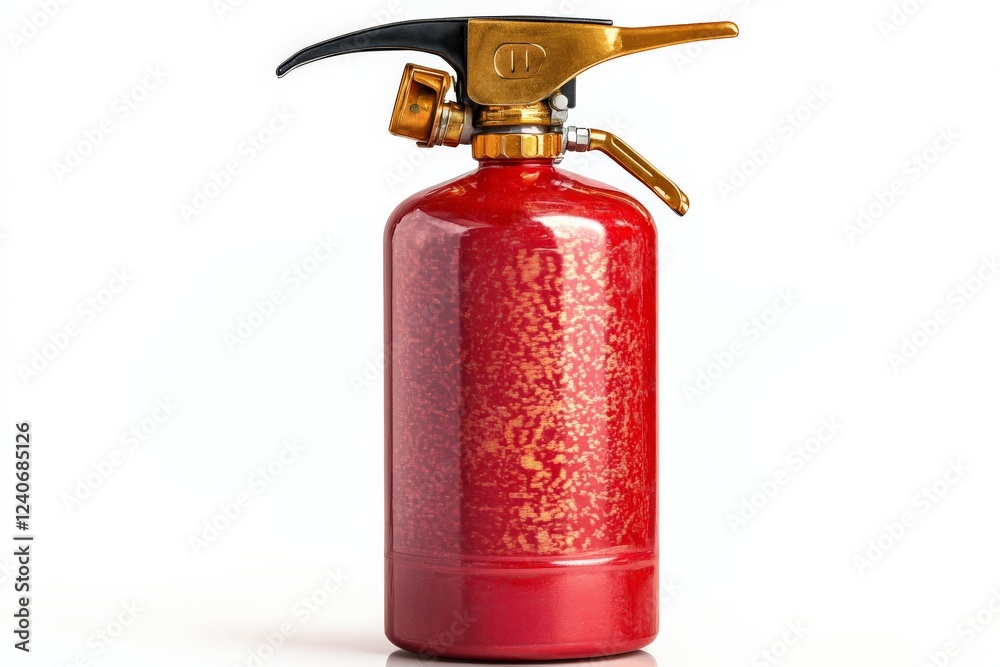 Obraz premium Fire extinguisher in bright red color with black nozzle and brass handle on a white background