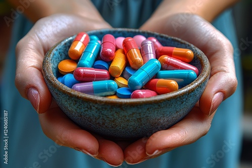 A woman holds a bowl filled with a variety of pills, vitamins, and supplements, emphasizing health and medicine