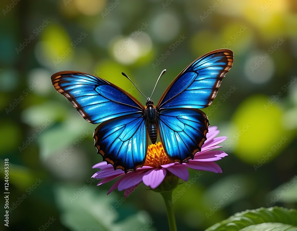 Fototapeta premium Vibrant Blue Morpho Butterfly on Purple Flower: A Serene Nature Scene