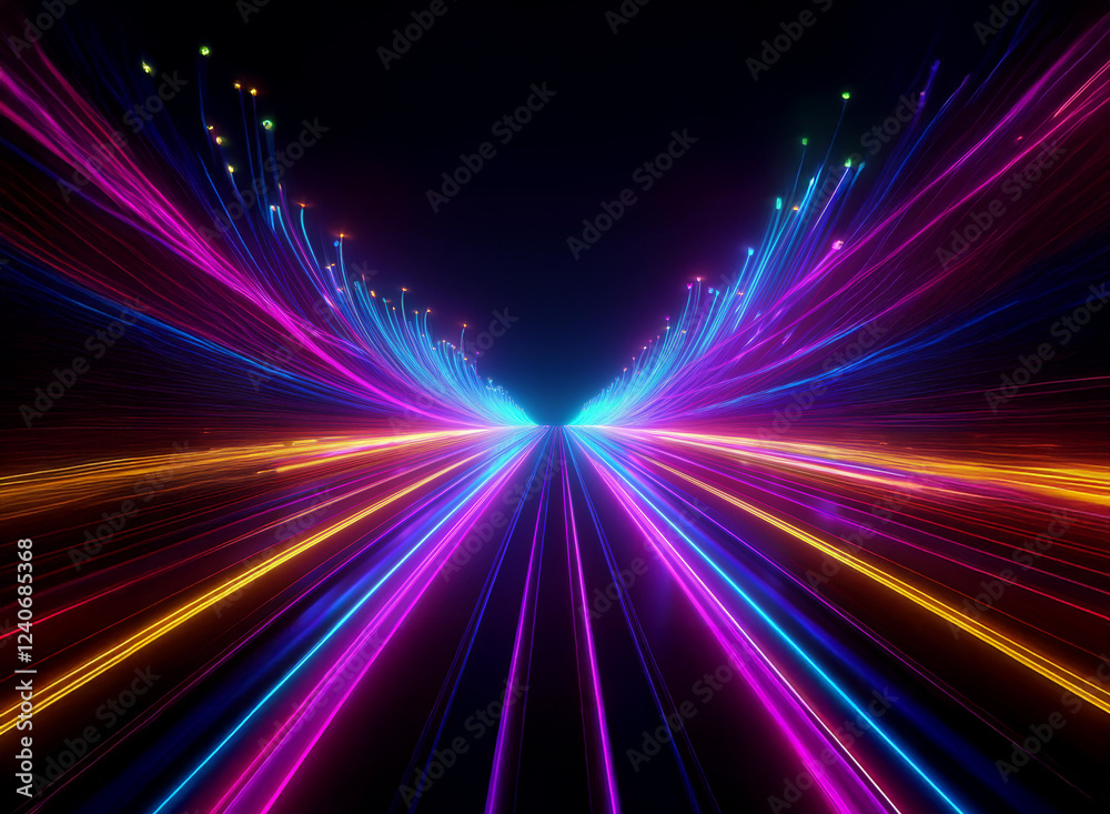 Obraz premium Vibrant, multicolored light streaks converge in a symmetrical pattern, resembling a futuristic highway or cosmic pathway extending to a vanishing point. The dark background enhances the luminosity of