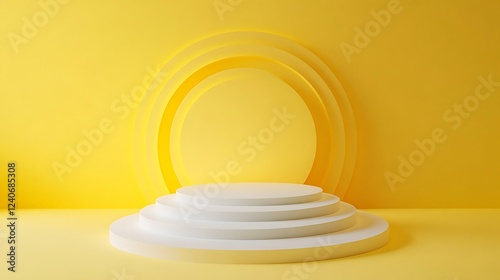 Light multilayered circular forms amid a yellow isolated background photo