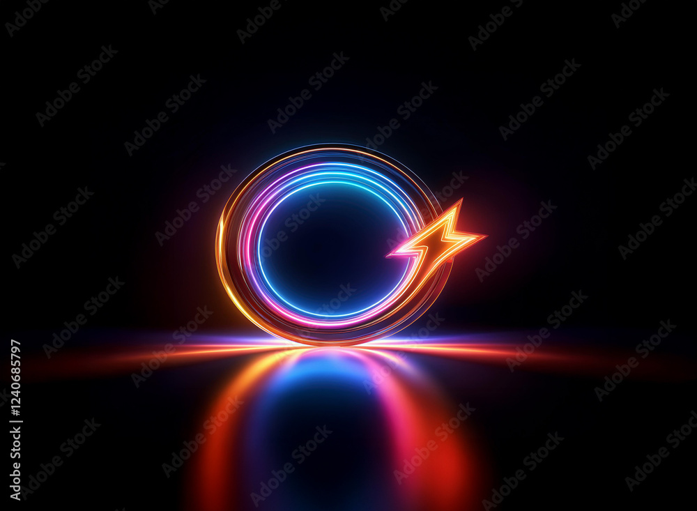 Obraz premium Vibrant neon circle with a lightning bolt arrow, reflecting on a dark surface. Symbolizing renewal, energy, and cyclical processes.