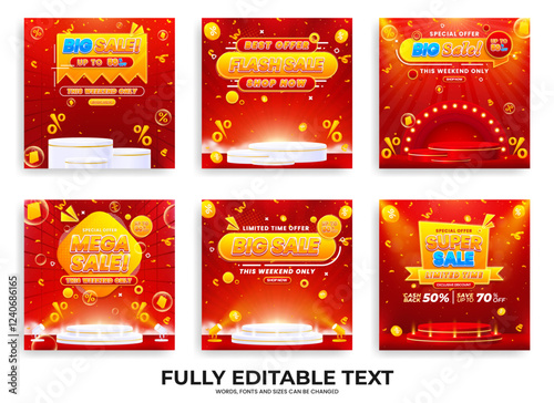 Collection of discount sale promo banner templates. Collection of flash sale, big sale, super sale, and mega sale promo discounts with podium, spotlights, and realistic abstract backgrounds.