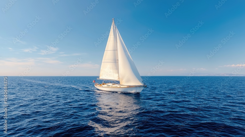Obraz premium Sailboat cruising sunny ocean, clear sky background; travel, leisure
