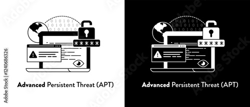 Advanced Persistent Threat (APT) concept – APT attack, APT Cyber Attack Vector, Cyber Espionage Graphic, Network Exploitation Symbol. Black and White Editable Stroke illustration.