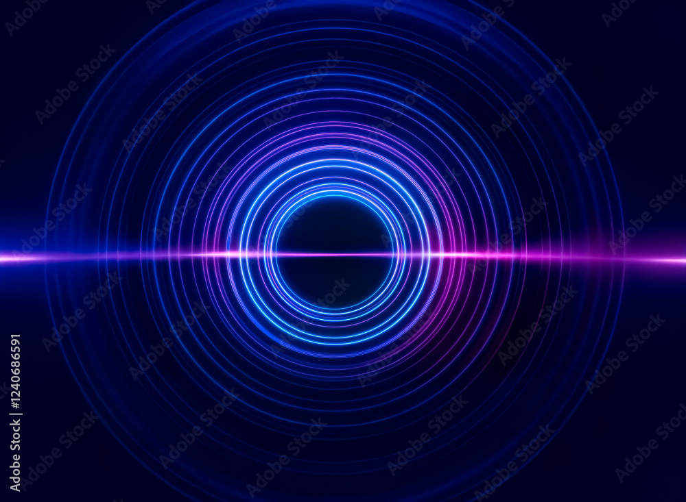 Abstract image featuring concentric glowing circles in vibrant blue and purple hues, intersected by a horizontal light beam. The central void creates a sense of depth and mystery. Abstract image featuring concentric glowing circles in vibrant blue and purple hues, intersected by a horizontal light beam. The central void creates a sense of depth and mystery.